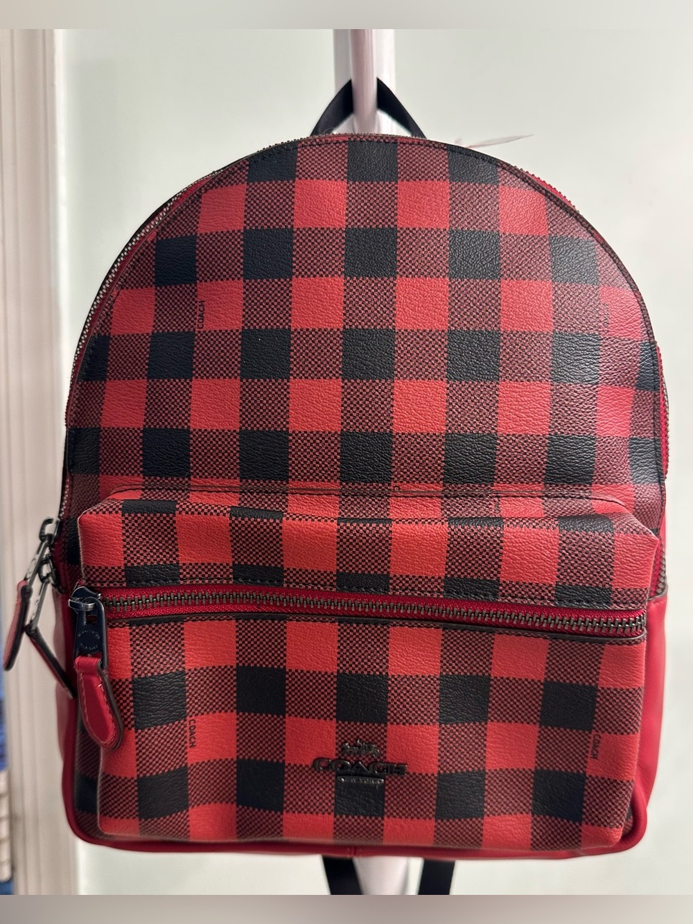 Coach Medium Red & Black  Gingham Backpack New with Tags
